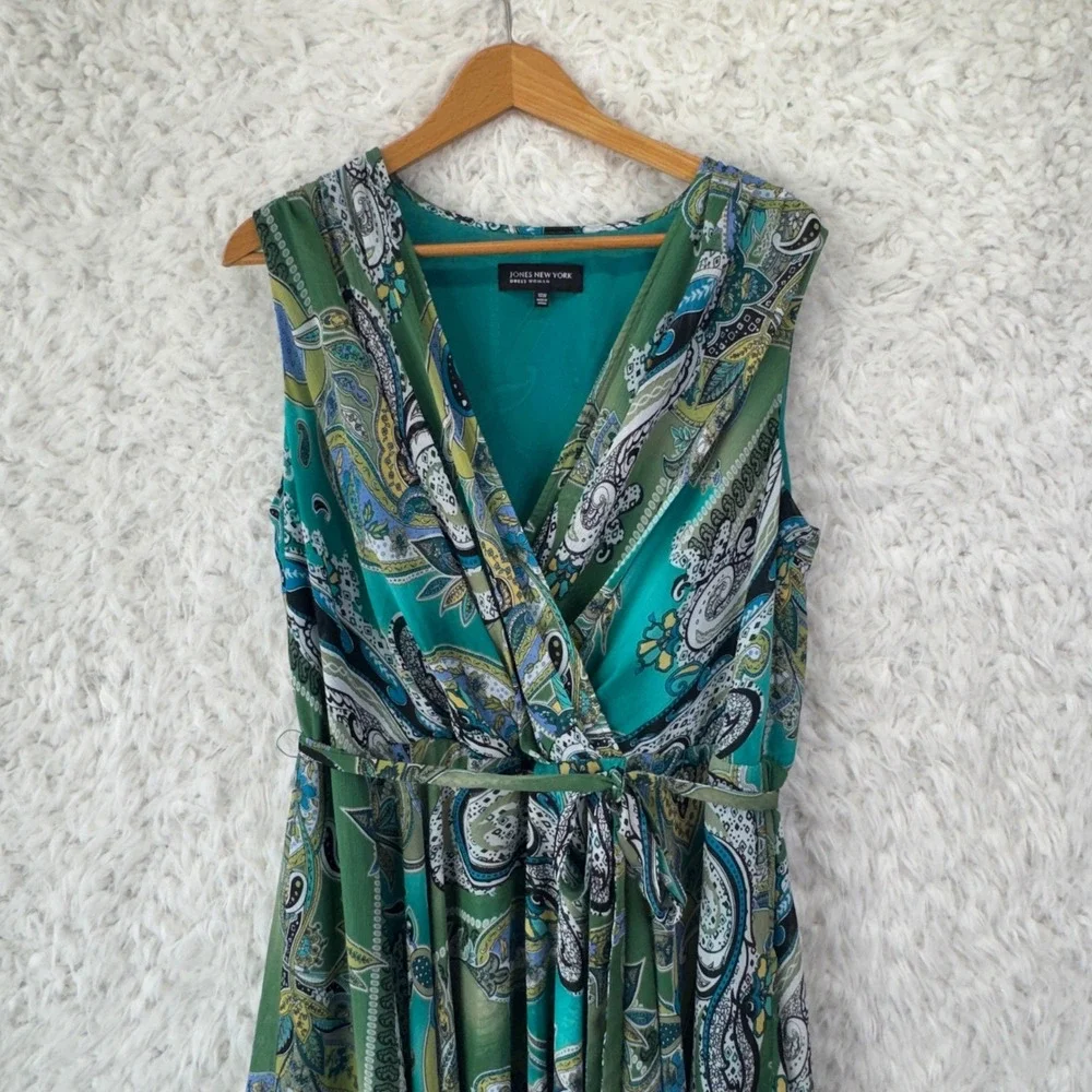 Jones New York‎ Paisley Faux Wrap Dress 14W Green Blue Boho Sleeveless Midi